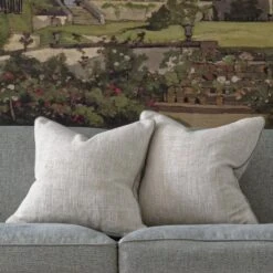 Summit Linen Fabric -AuraLiving Furniture Store 215113 montague sofa upholstered in paraggi muscari with scatter cushions in summit linen