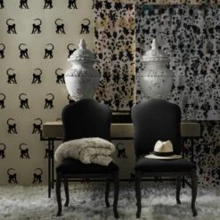 Cheeky Monkey Ebony Wallpaper -AuraLiving Furniture Store 215947 cheeky monkey ebony wallpaper cecile dining chairs mabel console table