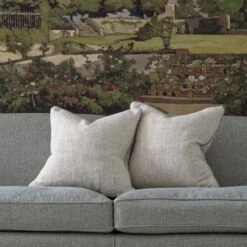 Summit Linen Cushion -AuraLiving Furniture Store 216288 montague sofa upholstered in paraggi muscari with scatter cushions in summit linen