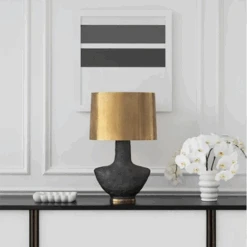 Armato Table Lamp, Black Metallic / White Linen Shade -AuraLiving Furniture Store 217723 armato black gold