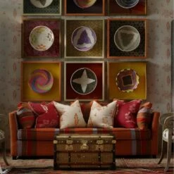 Wychwood Huntsman Red Wallpaper -AuraLiving Furniture Store 252517 15213 bloomsbury sofa in es cavalet 3 fabric with friendly folk huntsman red and melon orange cushions and wychood huntsman red wallpaper