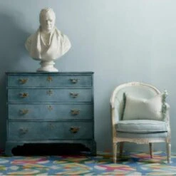 Picket Turquoise Fabric -AuraLiving Furniture Store 257299 antique tub chairs in pollen turquoise with cushions in picket turquoise with desert island sea trim lily pad spring rug