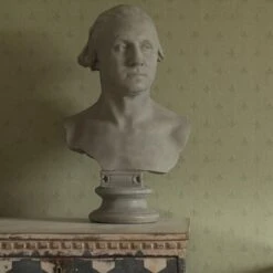 Crocus Leaf Wallpaper -AuraLiving Furniture Store 308799 bust in front of crocus leaf wallpaper