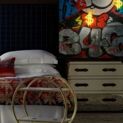 Howard Steel/Leather Chest Of Drawers, Steel/leather -AuraLiving Furniture Store 58469 sage headboard in wales navy with howard steelleather chest of drawers a cici bar trolley and micky mouse and monopoly man neon artwork